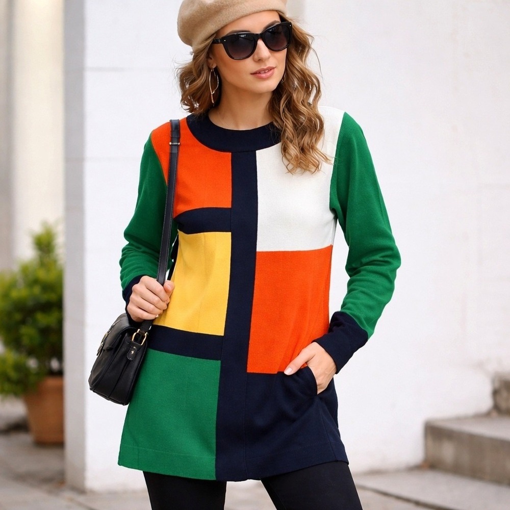 Colorblock Geometric Sweater Womens M Tunic Mod Mondrain Style‎ Abstract Retro